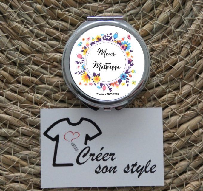 Miroir de poche "merci maîtresse" (fleur et papillon)